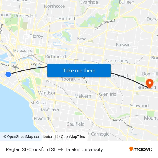 Raglan St/Crockford St to Deakin University map