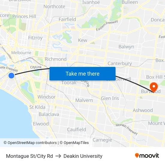 Montague St/City Rd to Deakin University map
