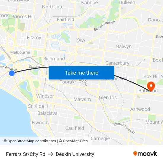 Ferrars St/City Rd to Deakin University map