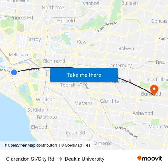 Clarendon St/City Rd to Deakin University map