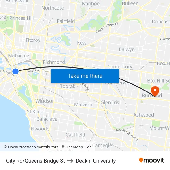 City Rd/Queens Bridge St to Deakin University map