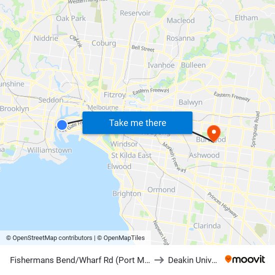 Fishermans Bend/Wharf Rd (Port Melbourne) to Deakin University map