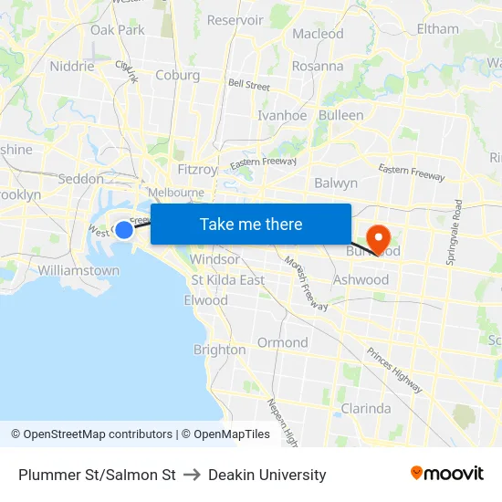 Plummer St/Salmon St to Deakin University map