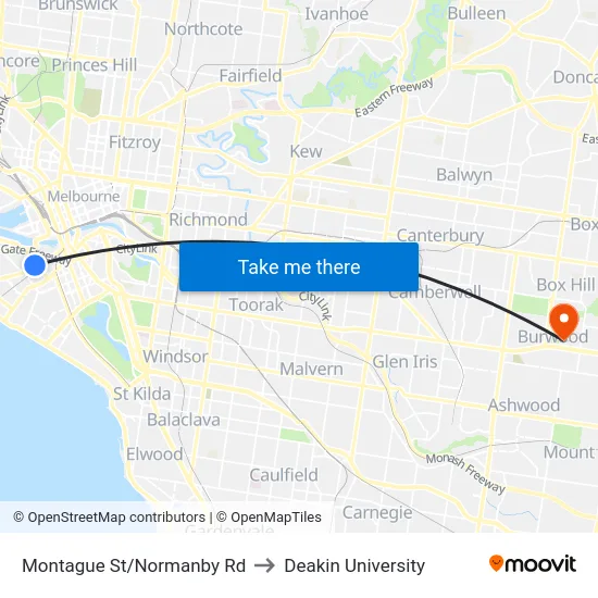 Montague St/Normanby Rd to Deakin University map
