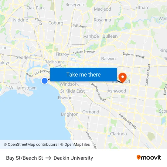Bay St/Beach St to Deakin University map