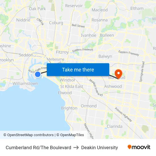 Cumberland Rd/The Boulevard to Deakin University map