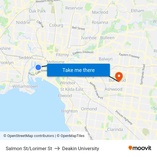 Salmon St/Lorimer St to Deakin University map