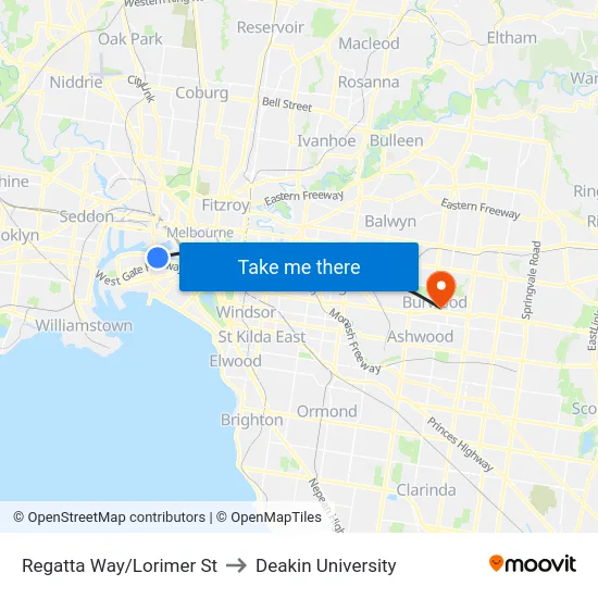 Regatta Way/Lorimer St to Deakin University map