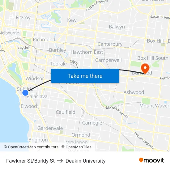 Fawkner St/Barkly St to Deakin University map