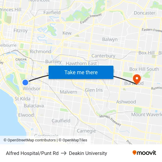 Alfred Hospital/Punt Rd to Deakin University map