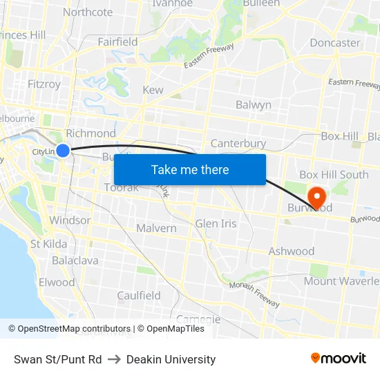 Swan St/Punt Rd to Deakin University map