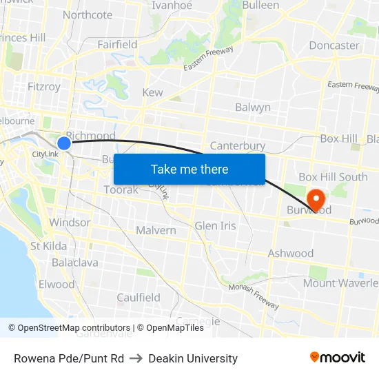 Rowena Pde/Punt Rd to Deakin University map