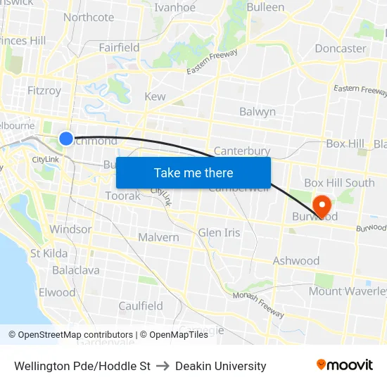 Wellington Pde/Hoddle St to Deakin University map