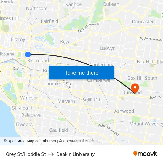 Grey St/Hoddle St to Deakin University map