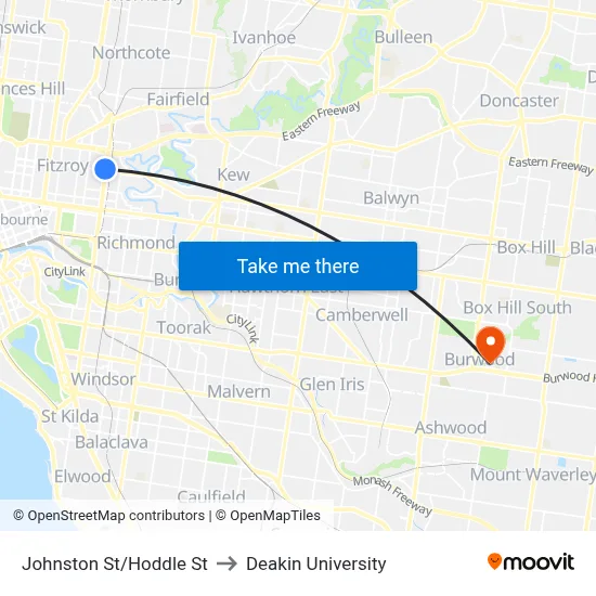 Johnston St/Hoddle St to Deakin University map