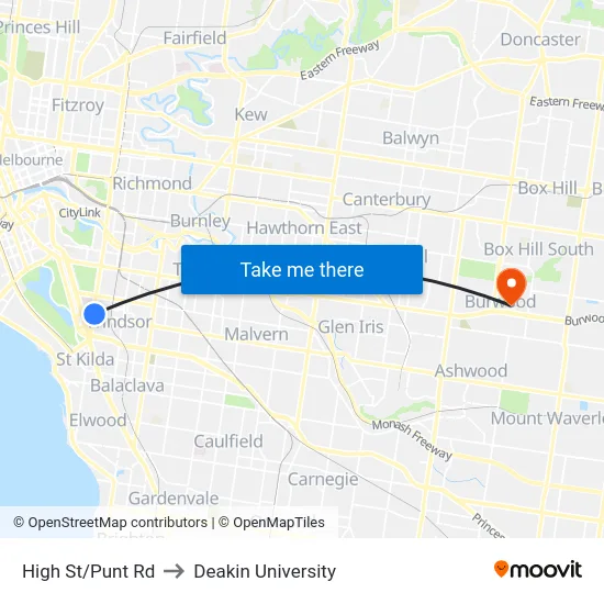 High St/Punt Rd to Deakin University map