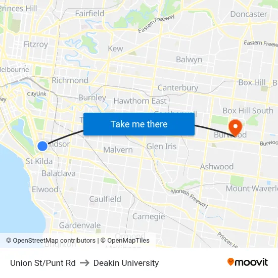 Union St/Punt Rd to Deakin University map