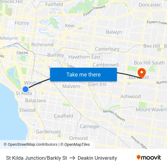 St Kilda Junction/Barkly St to Deakin University map