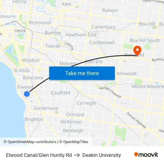 Elwood Canal/Glen Huntly Rd to Deakin University map