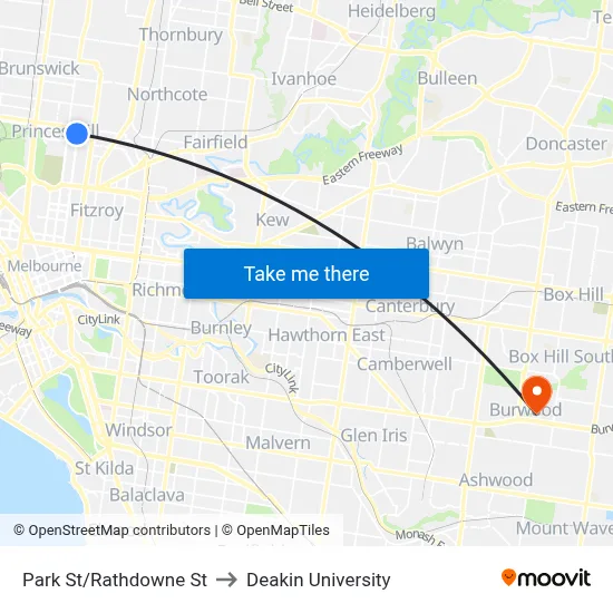 Park St/Rathdowne St to Deakin University map