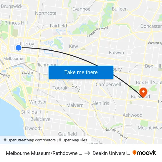 Melbourne Museum/Rathdowne St to Deakin University map