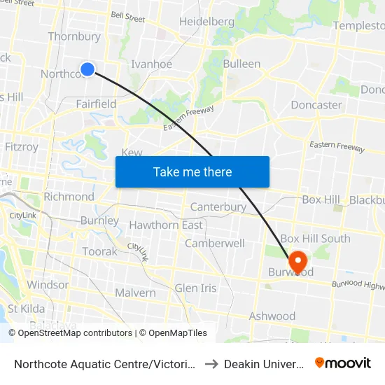 Northcote Aquatic Centre/Victoria Rd to Deakin University map