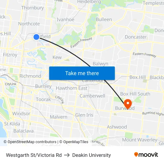 Westgarth St/Victoria Rd to Deakin University map