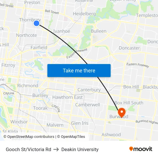 Gooch St/Victoria Rd to Deakin University map
