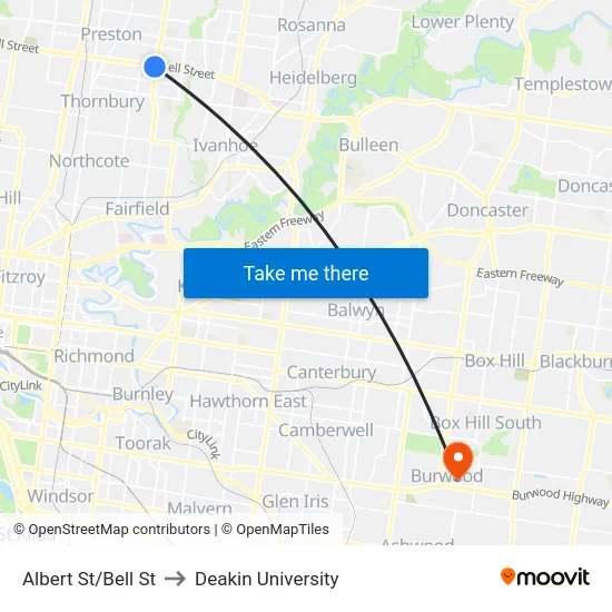 Albert St/Bell St to Deakin University map