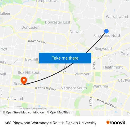 668 Ringwood-Warrandyte Rd to Deakin University map