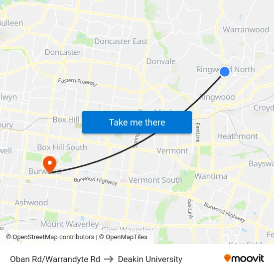 Oban Rd/Warrandyte Rd to Deakin University map