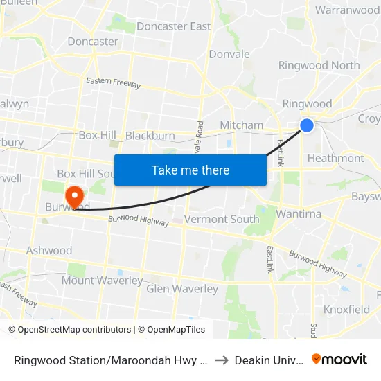 Ringwood Station/Maroondah Hwy to Deakin University map
