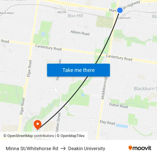 Minna St/Whitehorse Rd to Deakin University map