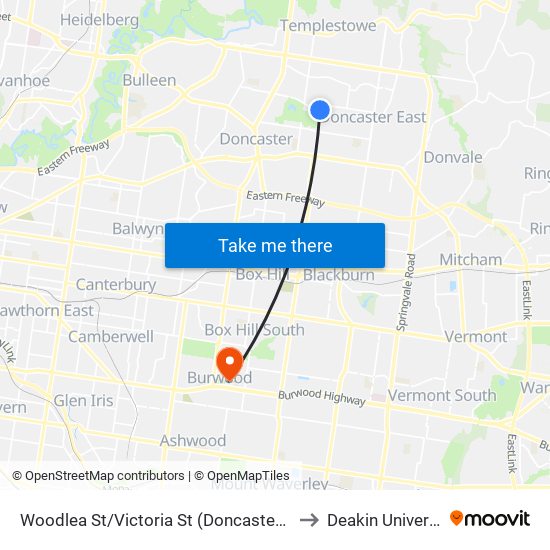 Woodlea St/Victoria St (Doncaster East) to Deakin University map