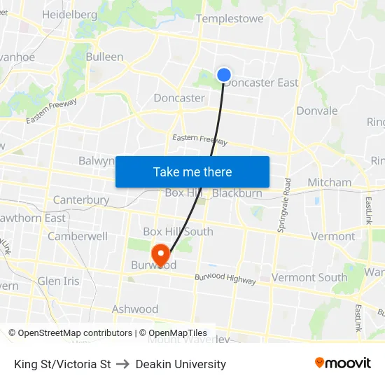 King St/Victoria St to Deakin University map