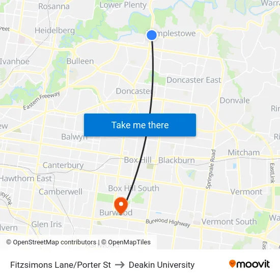 Fitzsimons Lane/Porter St to Deakin University map