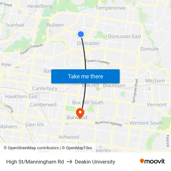 High St/Manningham Rd to Deakin University map