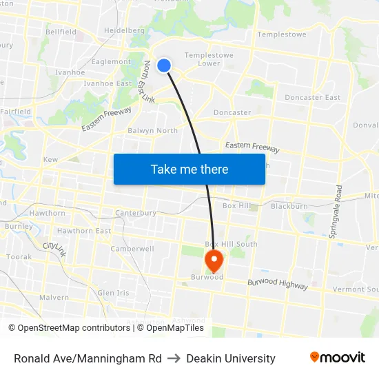 Ronald Ave/Manningham Rd to Deakin University map