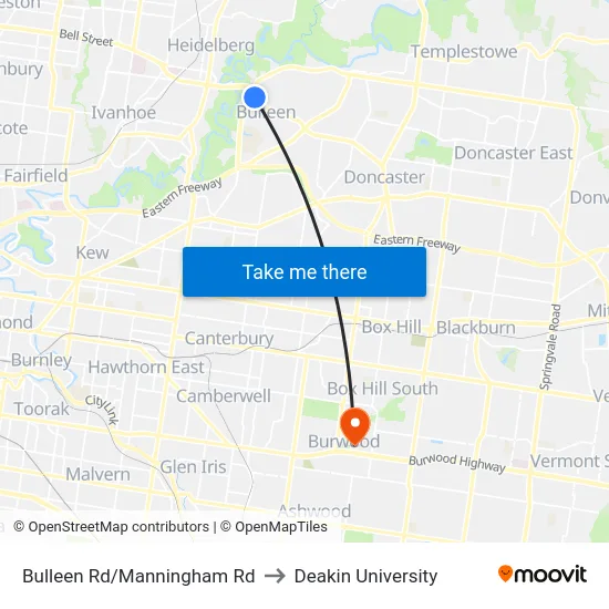 Bulleen Rd/Manningham Rd to Deakin University map