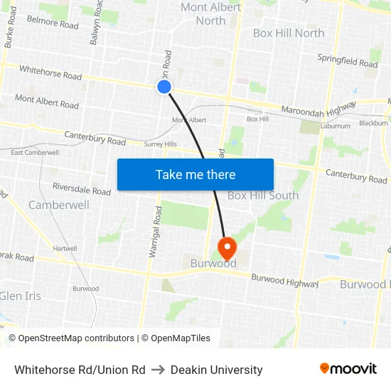 Whitehorse Rd/Union Rd to Deakin University map