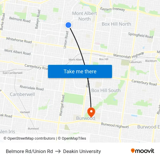 Belmore Rd/Union Rd to Deakin University map