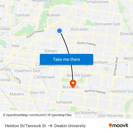 Helston St/Tannock St to Deakin University map