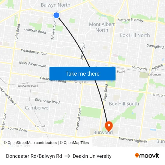 Doncaster Rd/Balwyn Rd to Deakin University map