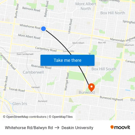 Whitehorse Rd/Balwyn Rd to Deakin University map