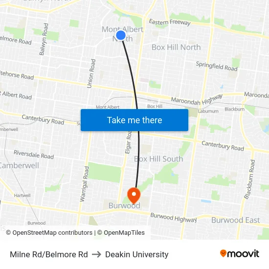 Milne Rd/Belmore Rd to Deakin University map