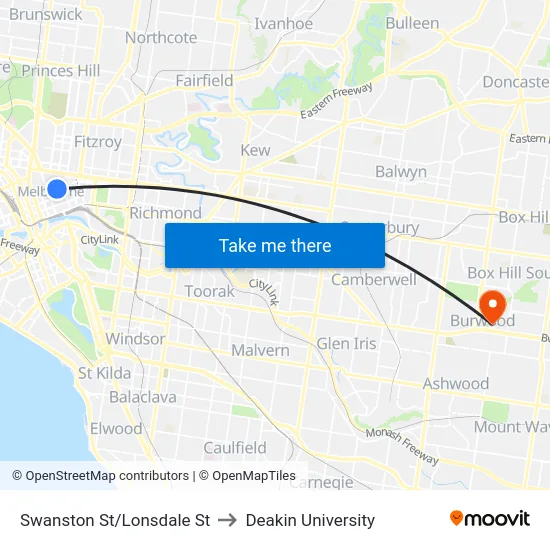 Swanston St/Lonsdale St to Deakin University map