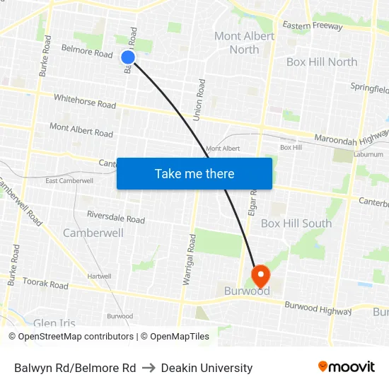 Balwyn Rd/Belmore Rd to Deakin University map