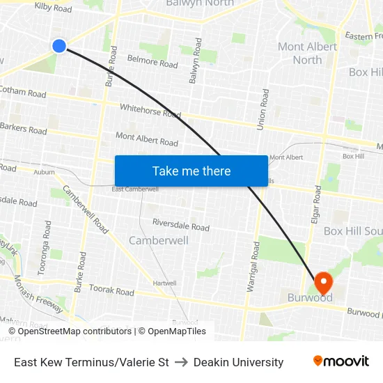 East Kew Terminus/Valerie St to Deakin University map