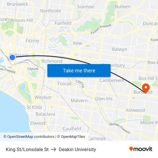 King St/Lonsdale St to Deakin University map