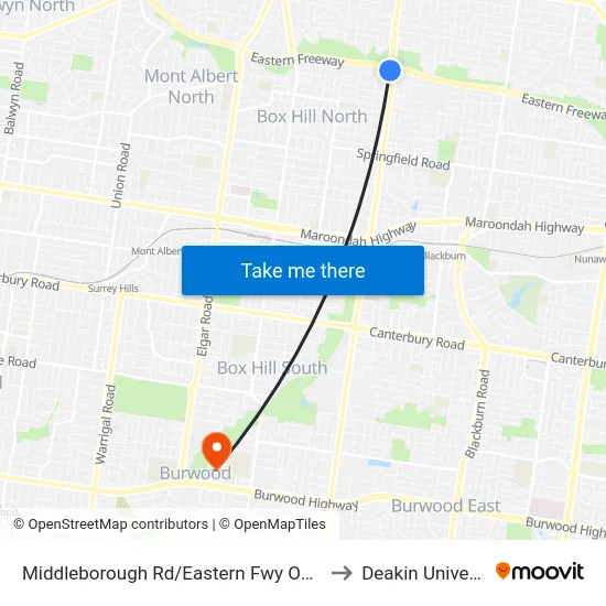 Middleborough Rd/Eastern Fwy On-Ramp to Deakin University map